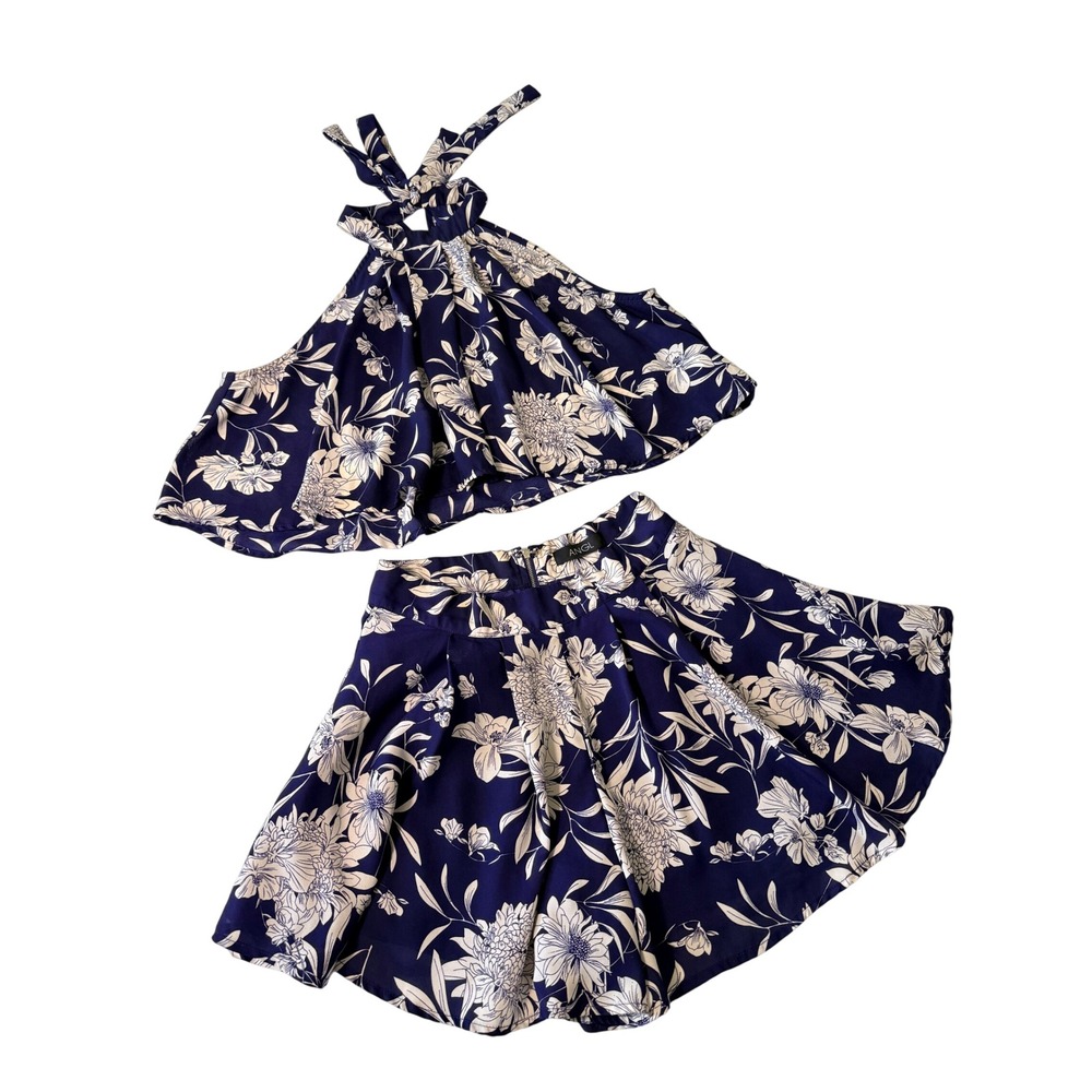 ANGL Blue Floral 2 Piece Set Halter Crop Top and High Waist Shorts Small Summer